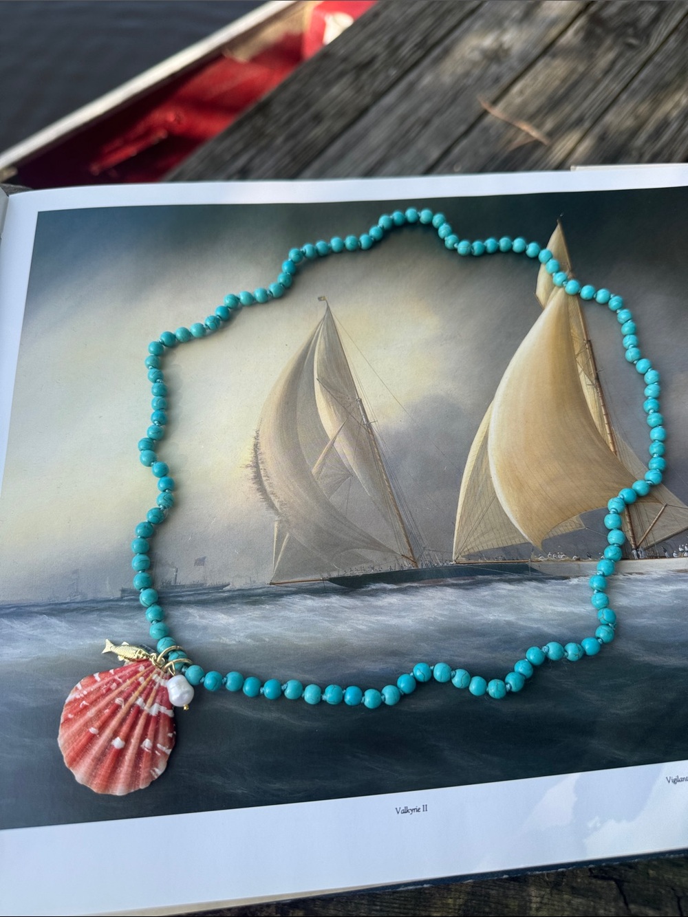Turquoise Beaded Necklace with Red Shell Pendant - Women Jewelry